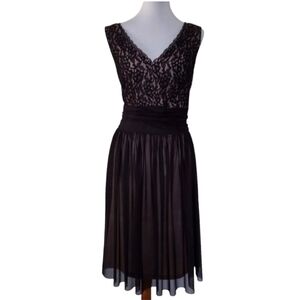 London Times Black Lace‎ and Tulle with nude underlay V Neck both sides
